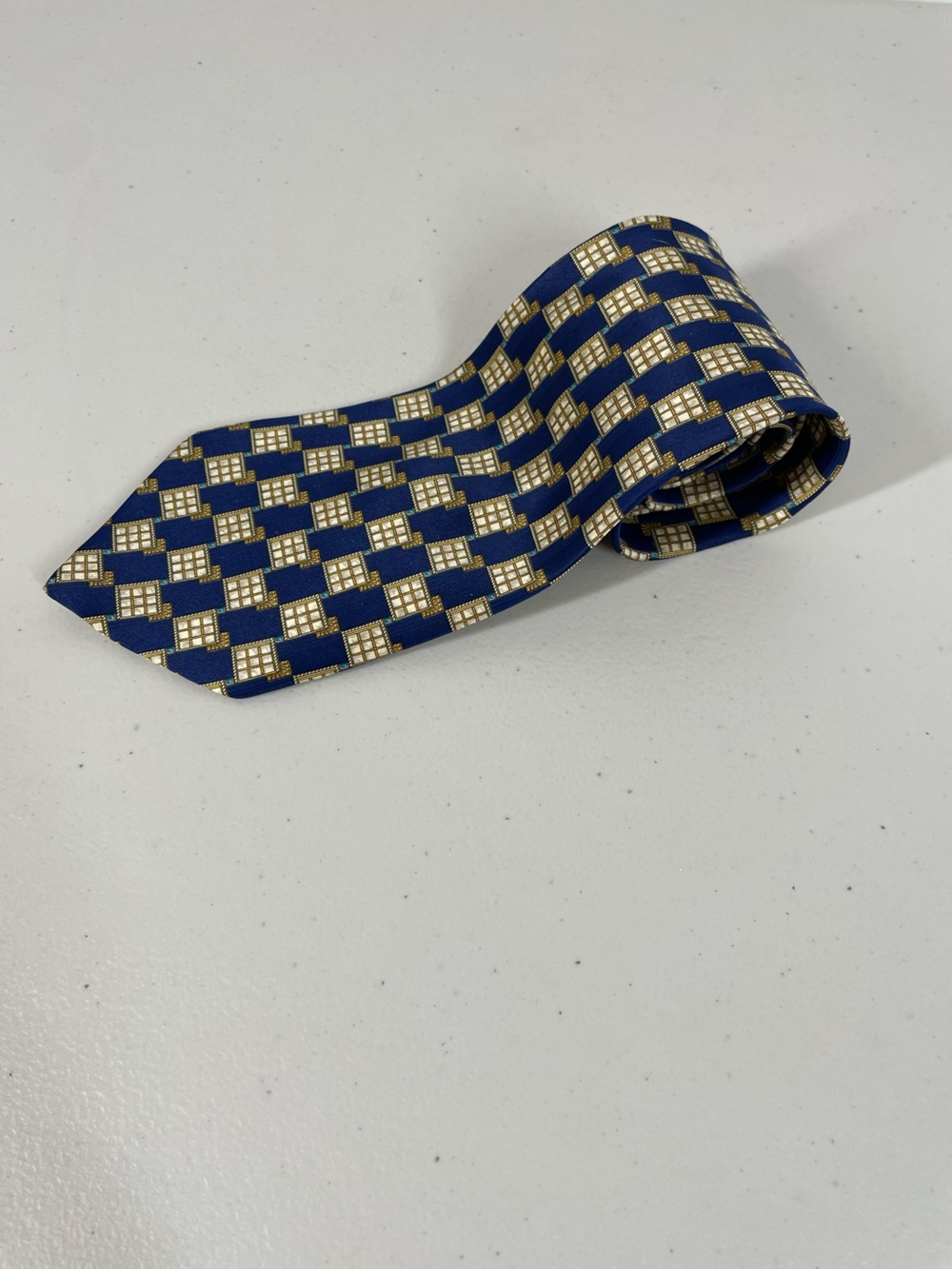 Valentino Cravatte Silk Necktie Blue Gold Geometric Made in Italy Designer Tie
